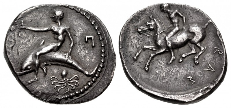 CALABRIA, Tarentum. Circa 450-440 BC. AR Nomos (25mm, 8.00 g, 9h). Taras, nude, ...