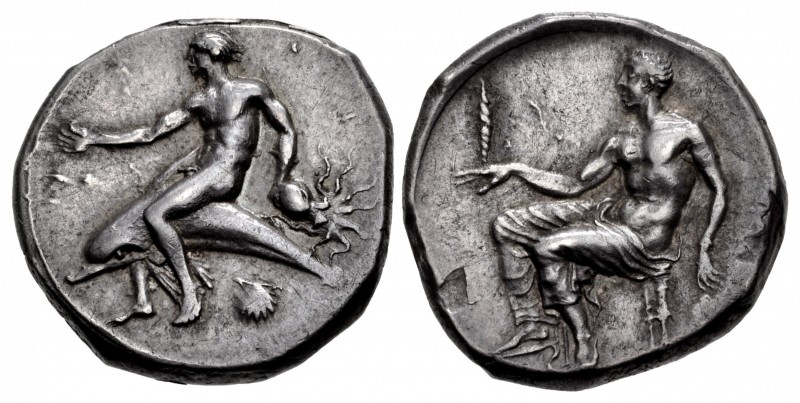 CALABRIA, Tarentum. Circa 425-415 BC. AR Nomos (21.5mm, 8.16 g, 4h). Taras, nude...