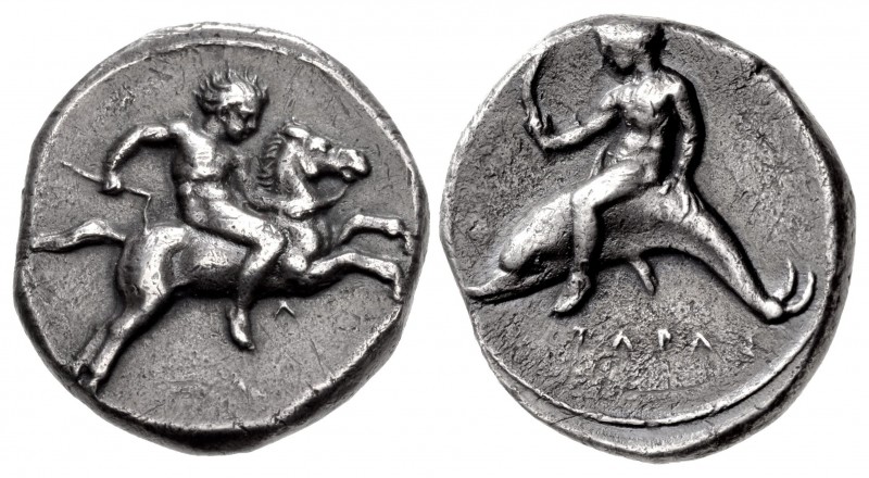 CALABRIA, Tarentum. Circa 400-390 BC. AR Nomos (20mm, 7.77 g, 7h). Nude youth, h...