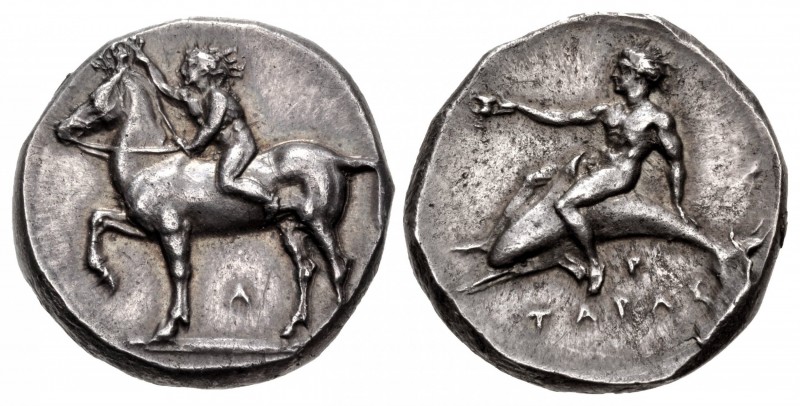 CALABRIA, Tarentum. Circa 385-380 BC. AR Nomos (20mm, 7.94 g, 11h). Nude youth o...