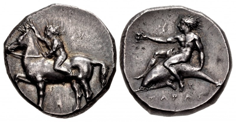 CALABRIA, Tarentum. Circa 385-380 BC. AR Nomos (20mm, 7.99 g, 7h). Nude youth on...