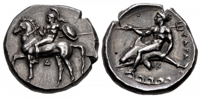 CALABRIA, Tarentum. Circa 344-340 BC. AR Nomos (21mm, 8.03 g, 10h). Warrior, nud...