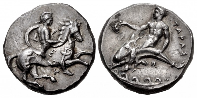CALABRIA, Tarentum. Circa 344-340 BC. AR Nomos (20mm, 7.95 g, 9h). Warrior, nude...