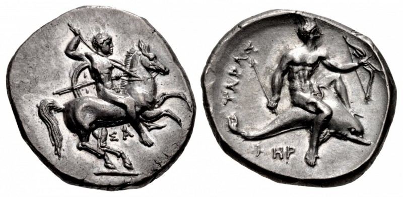 CALABRIA, Tarentum. Circa 315-302 BC. AR Nomos (22mm, 7.87 g, 10h). Warrior, nud...