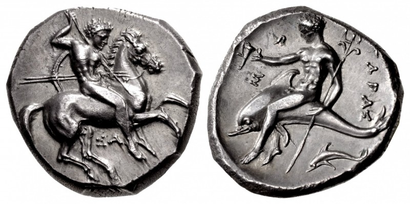 CALABRIA, Tarentum. Circa 315-302 BC. AR Nomos (21mm, 7.94 g, 11h). Warrior, nud...