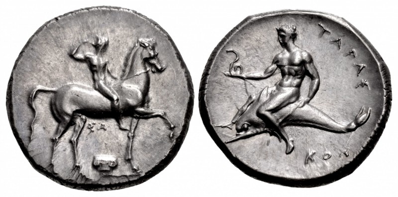 CALABRIA, Tarentum. Circa 302 BC. AR Nomos (22mm, 7.91 g, 2h). Nude youth, crown...