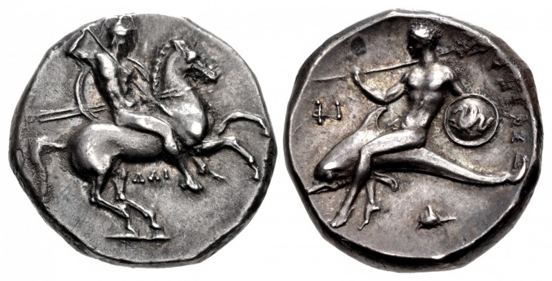CALABRIA, Tarentum. Circa 302-290 BC. AR Nomos (20mm, 7.94 g, 2h). Warrior, nude...
