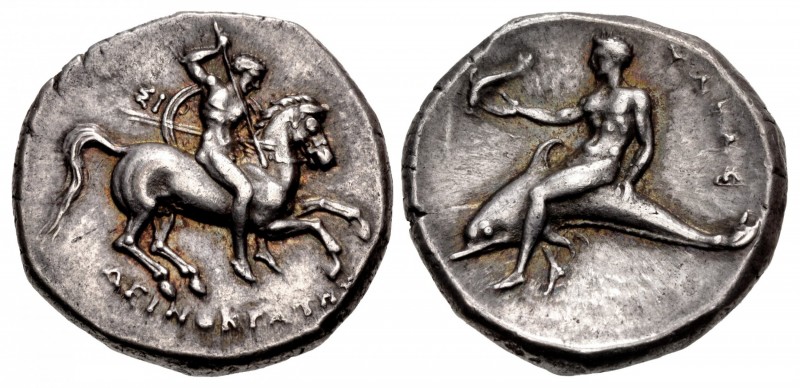 CALABRIA, Tarentum. Circa 280 BC. AR Nomos (22mm, 7.91 g, 5h). Warrior, nude, pr...