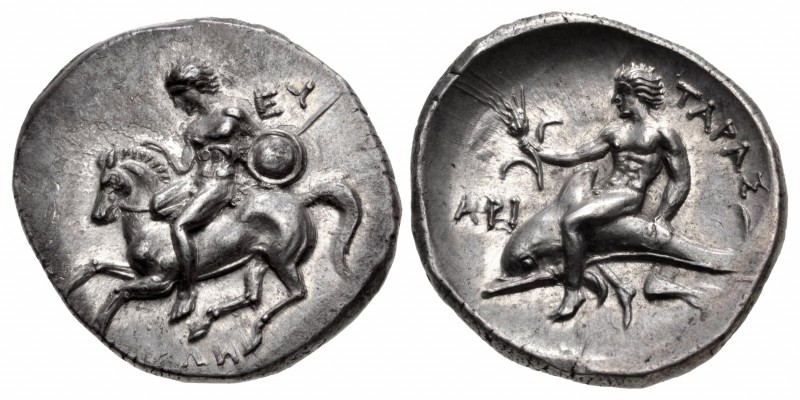 CALABRIA, Tarentum. Circa 280 BC. AR Nomos (22.5mm, 7.85 g, 2h). Nude youth, shi...