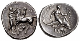 CALABRIA, Tarentum. Circa 280-272 BC. AR Nomos (20mm, 6.34 g, 4h). Reduced standard.