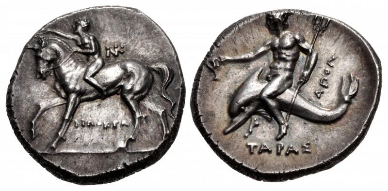 CALABRIA, Tarentum. Circa 280-272 BC. AR Nomos (20mm, 6.55 g, 9h). Nude youth on...