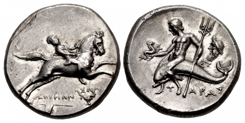 CALABRIA, Tarentum. Circa 240-228 BC. AR Nomos (21mm, 7.54 g, 1h). Youth, wearin...