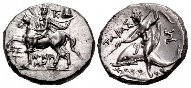 CALABRIA, Tarentum. Circa 240-228 BC. AR Nomos (20.5mm, 6.72 g, 7h). Reduced sta...