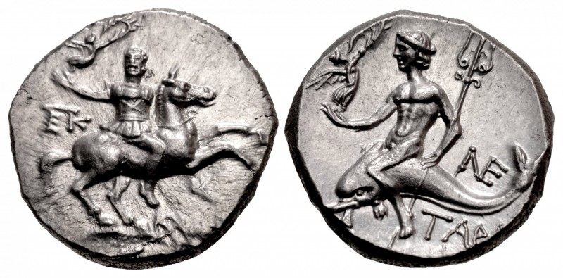 CALABRIA, Tarentum. Circa 240-228 BC. AR Nomos (20mm, 6.54 g, 12h). Warrior, wea...