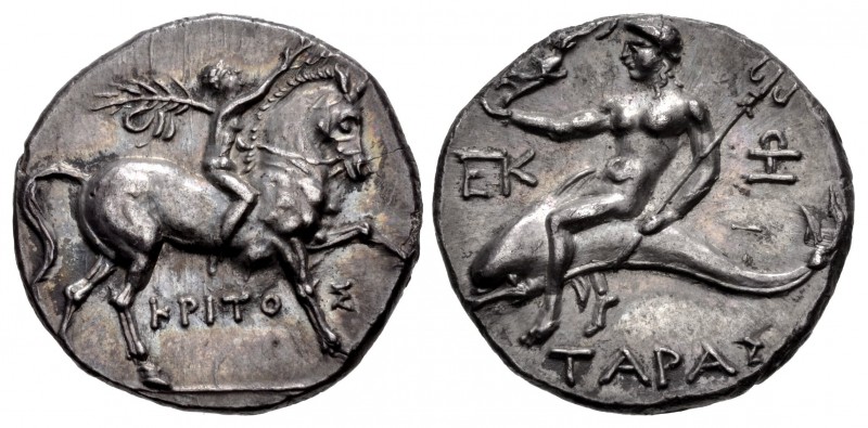 CALABRIA, Tarentum. Punic occupation. Circa 212-209 BC. AR Reduced Nomos – Half-...