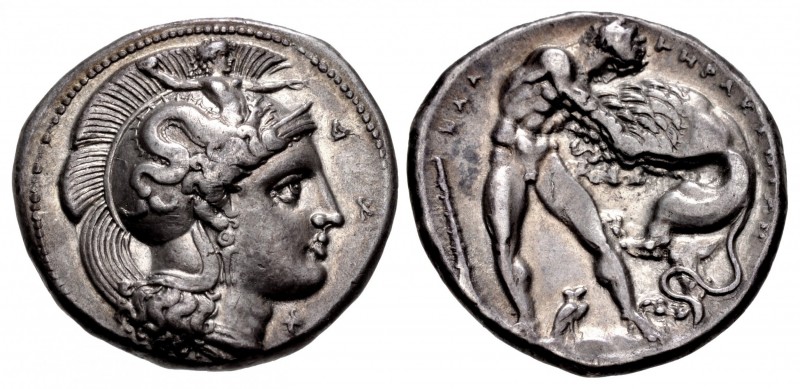 LUCANIA, Herakleia. Circa 390-340 BC. AR Nomos (23mm, 7.81 g, 5h). Head of Athen...