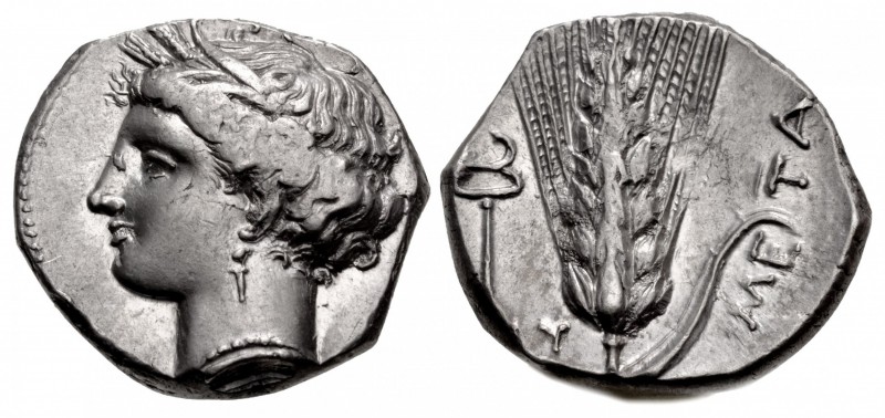 LUCANIA, Metapontion. Circa 340-330 BC. AR Nomos (21mm, 7.91 g, 11h). Head of De...