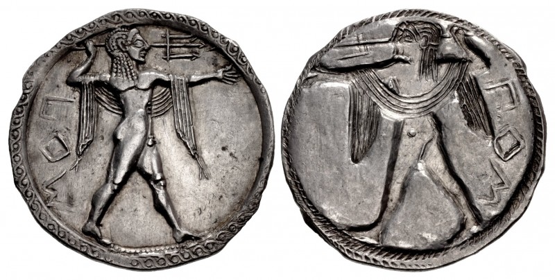 LUCANIA, Poseidonia. Circa 530-500 BC. AR Nomos (29mm, 7.51 g, 12h). Poseidon, b...