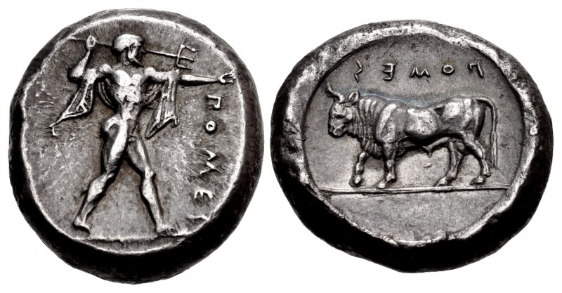 LUCANIA, Poseidonia. Circa 445-420 BC. AR Nomos (17mm, 8.05 g, 8h). Poseidon, be...