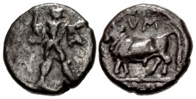 LUCANIA, Sybaris. Circa 453-448 BC. AR Sixth Nomos – Triobol (10.5mm, 1.20 g, 3h).