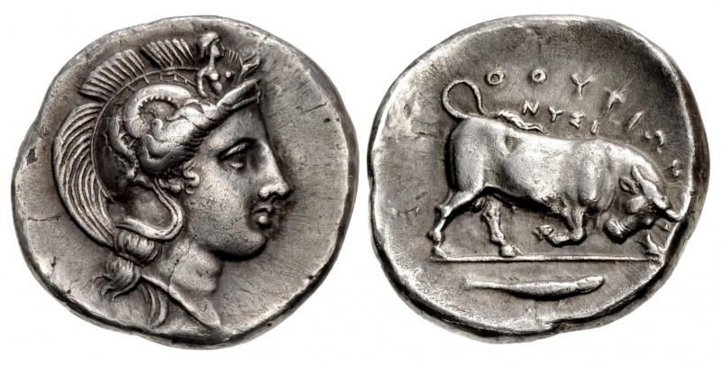 LUCANIA, Thourioi. Circa 400-350 BC. AR Nomos (23mm, 7.99 g, 9h). Head of Athena...