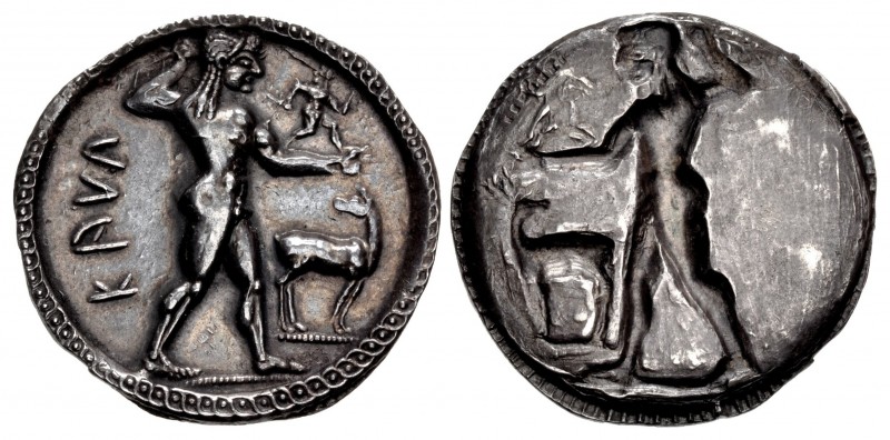 BRUTTIUM, Kaulonia. Circa 525-500 BC. AR Nomos (30mm, 7.92 g, 12h). Apollo advan...