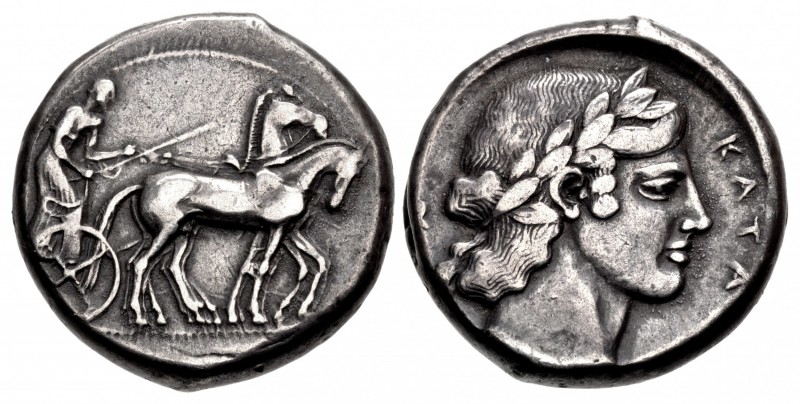 SICILY, Katane. Circa 450-445 BC. AR Tetradrachm (24.5mm, 17.18 g, 12h). Chariot...