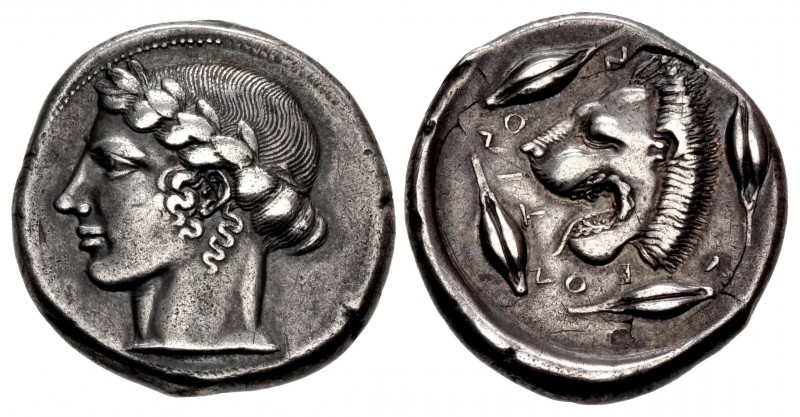 SICILY, Leontini. Circa 440-430 BC. AR Tetradrachm (26.5mm, 17.06 g, 1h). Head o...