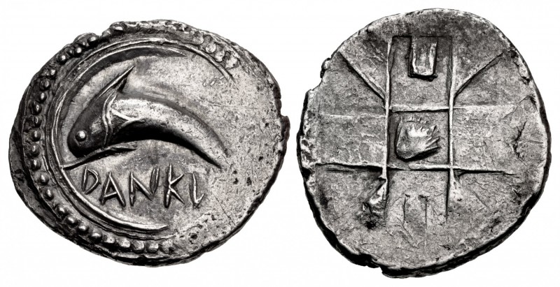 SICILY, Messana (as Zankle). Circa 500-493 BC. AR Drachm (25mm, 5.71 g). Dolphin...
