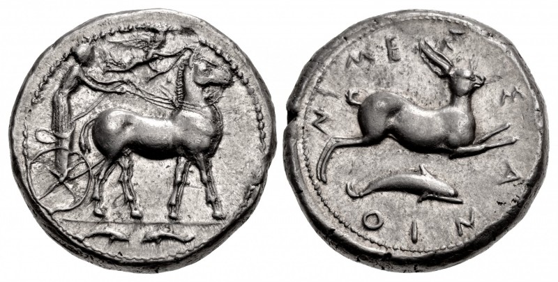 SICILY, Messana. 425-421 BC. AR Tetradrachm (25mm, 17.25 g, 12h). Charioteer, ho...