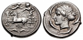 SICILY, Syracuse. Second Democracy. 466-405 BC. AR Tetradrachm (25.5mm, 17.16 g, 1h). Reverse die signed by Euainetos. Struck circa 415-409 BC.