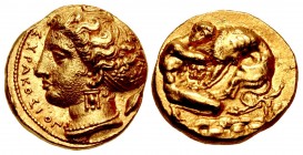 SICILY, Syracuse. Dionysios I. 405-367 BC. AV 100 Litrai – Double Dekadrachm (14.5mm, 5.78 g, 3h). Obverse die signed by Kimon. Struck circa 400-370 B...