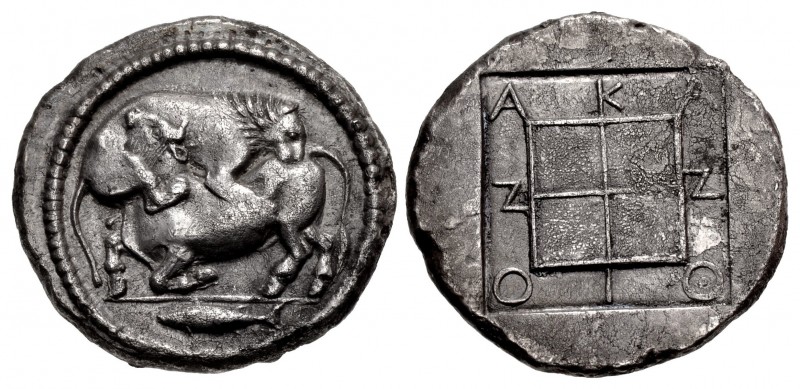 MACEDON, Akanthos. Circa 470-430 BC. AR Tetradrachm (29.5mm, 16.91 g, 5h). Lion ...