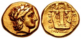 MACEDON, Chalkidian League. Circa 349 BC. AV Stater (16mm, 8.47 g, 1h). Olynthos mint; Eudoridas, magistrate.