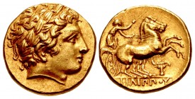 KINGS of MACEDON. Philip III Arrhidaios. 323-317 BC. AV Stater (18mm, 8.61 g, 5h). In the types of Philip II. Pella mint. Struck under Antipater or Po...