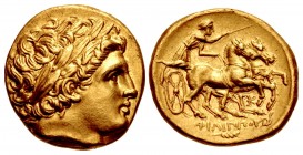 KINGS of MACEDON. Philip III Arrhidaios. 323-317 BC. AV Stater (18mm, 8.54 g, 3h). In the types of Philip II. Lampsakos mint. Struck under Leonnatos, ...