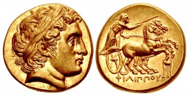 KINGS of MACEDON. Philip III Arrhidaios. 323-317 BC. AV Stater (17.5mm, 8.57 g, 12h). In the types of Philip II. Kolophon mint. Struck under Menander ...