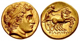 KINGS of MACEDON. Philip III Arrhidaios. 323-317 BC. AV Stater (17.5mm, 8.74 g, 12h). In the types of Philip II. Kolophon mint. Struck under Menander ...