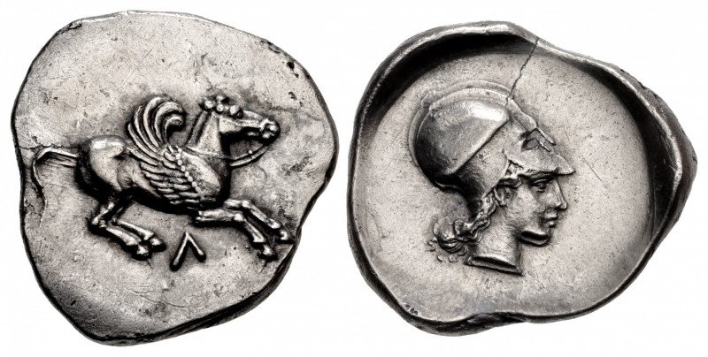 AKARNANIA, Leukas. Circa 400-375 BC. AR Stater (21.5mm, 8.46 g, 3h). Pegasos, br...