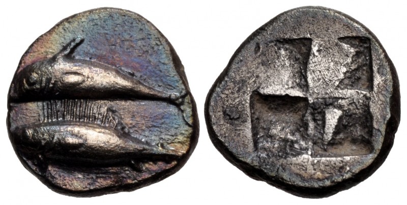 MYSIA, Kyzikos. Circa 500 BC. AR Obol (9mm, 0.96 g). Dolphin left; below, tunny ...