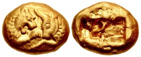 KINGS of LYDIA. Kroisos. Circa 564/53-550/39 BC. AV Stater (17mm, 10.78 g). Heavy standard. Sardes mint. Prototype issue.