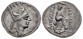 KINGS of ARMENIA. Tigranes II ‘the Great’. 95-56 BC. AR Tetradrachm (29mm, 15.80 g, 12h). Official imitation struck under Antiochos I of Commagene. Sa...