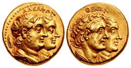 PTOLEMAIC KINGS of EGYPT. Ptolemy II Philadelphos, with Arsinöe II, Ptolemy I, and Berenike I. 285-246 BC. AV Half Mnaïeion – ‘Tetradrachm’ (19mm, 13....