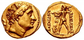 BAKTRIA, Greco-Baktrian Kingdom. Diodotos I Soter. Circa 255-235 BC. AV Stater (19mm, 8.31 g, 6h). In the name of Antiochos II of Syria. Mint A (near ...