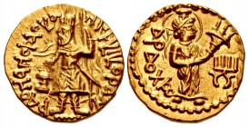 INDIA, Kushan Empire. Kanishka I. Circa AD 127-151. AV Quarter Dinar (13mm, 1.98 g, 12h). Subsidiary mint in Gandhara (Peshawar?). Late phase.