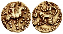 INDIA, Gupta Empire. First Dynasty. Kumaragupta I Mahendraditya. Circa AD 413-455. AV Dinar (20mm, 8.17 g, 12h). Horseman type.