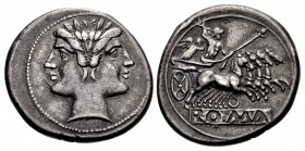 Anonymous. Circa 225-214 BC. AR Didrachm – Quadrigatus (23mm, 6.70 g, 12h). Uncertain mint.