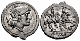Anonymous. 211-210 BC. AR Quinarius (15.5mm, 2.14 g, 6h). Mint in Apulia.