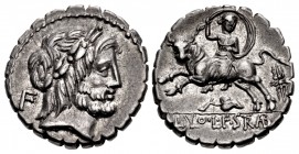 L. Volteius L.f. Strabo. 81 BC. AR Serrate Denarius (17.5mm, 4.00 g, 11h). Rome mint.