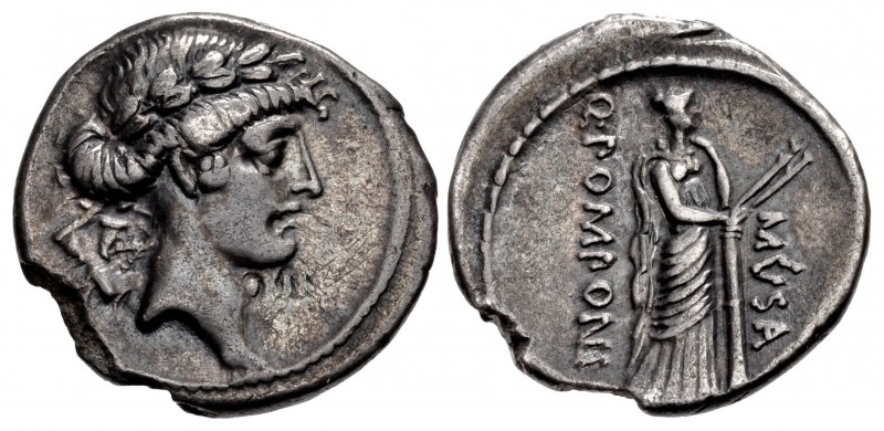 Q. Pomponius Musa. 56 BC. AR Denarius (18mm, 3.60 g, 10h). Rome mint. Laureate h...